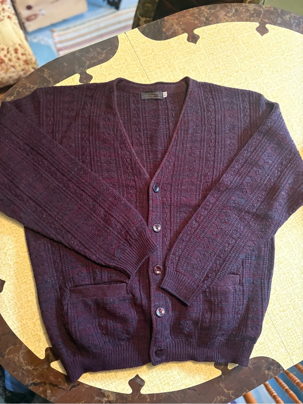 Vintage Men's V-Neck Cable Knit Cardigan Sweater - Burgundy